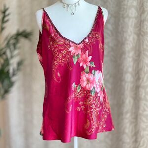 Vintage 90s California Dynasty Red Floral Satin Cami Romantic Fairycore Size L
